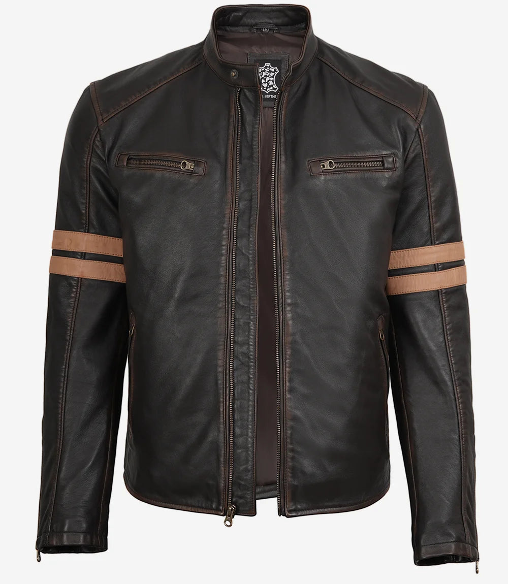 Men's Dark Brown Vintage Leather Biker Jacket with Racing Stripes