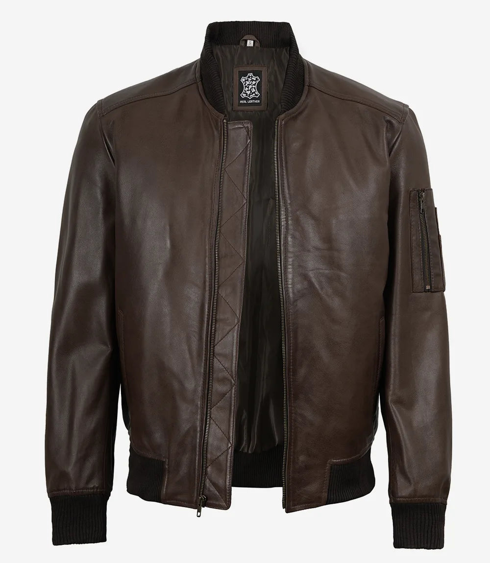 Men's Dark Brown Lambskin Leather Flight Jacket - Bomber Style