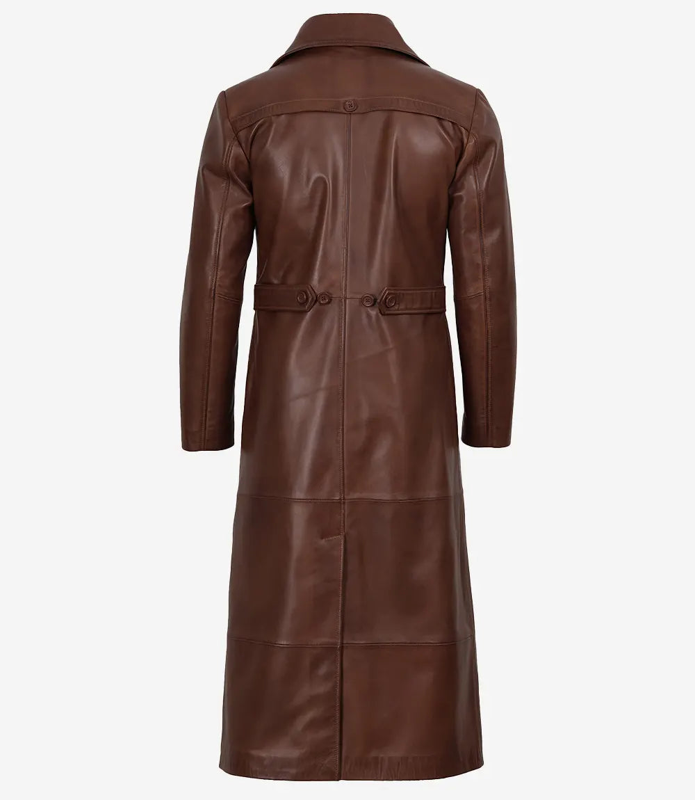 Dark Brown Leather Long Men's Duster Coat