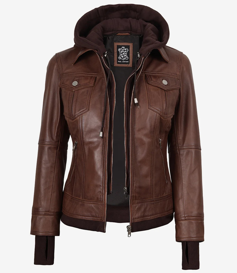 Brown Wax Women's Bomber Leather Jacket — Removable Hood