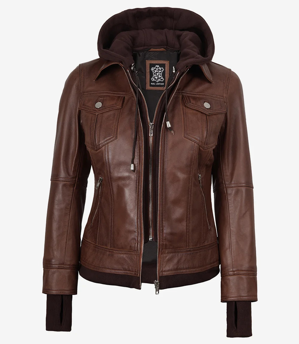Brown Wax Women's Bomber Leather Jacket — Removable Hood