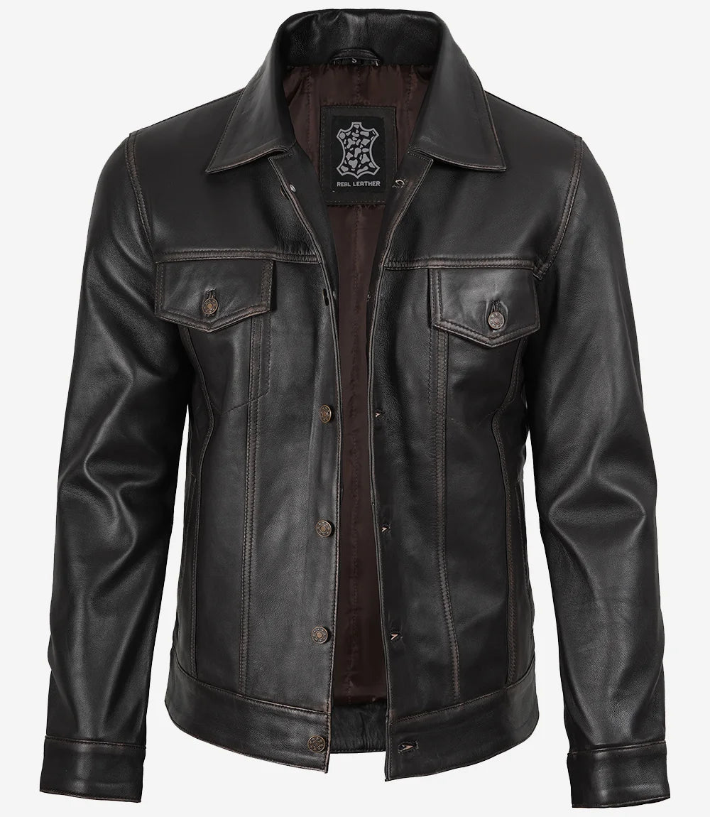 Men's Dark Brown Trucker Leather Jacket