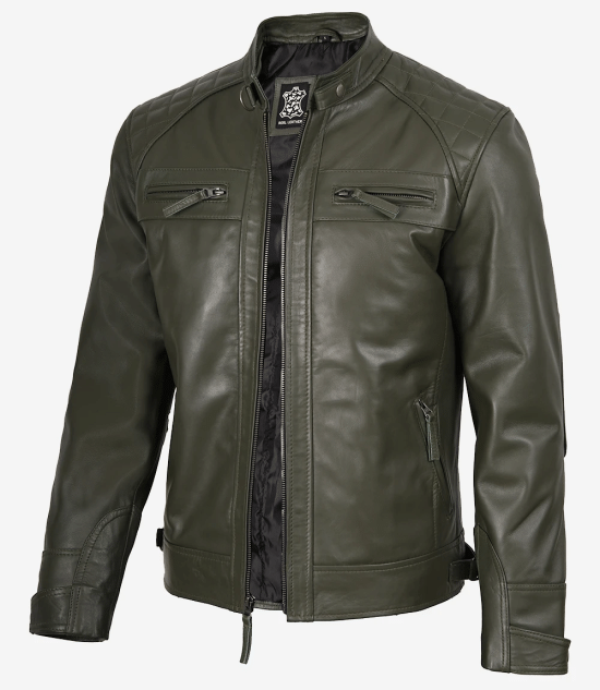Men's Olive Green Real Leather Cafe Racer Jacket