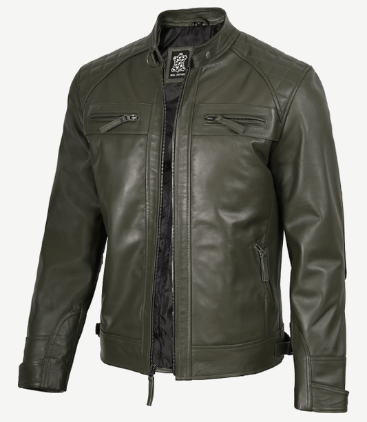 Men's Olive Green Real Leather Cafe Racer Jacket