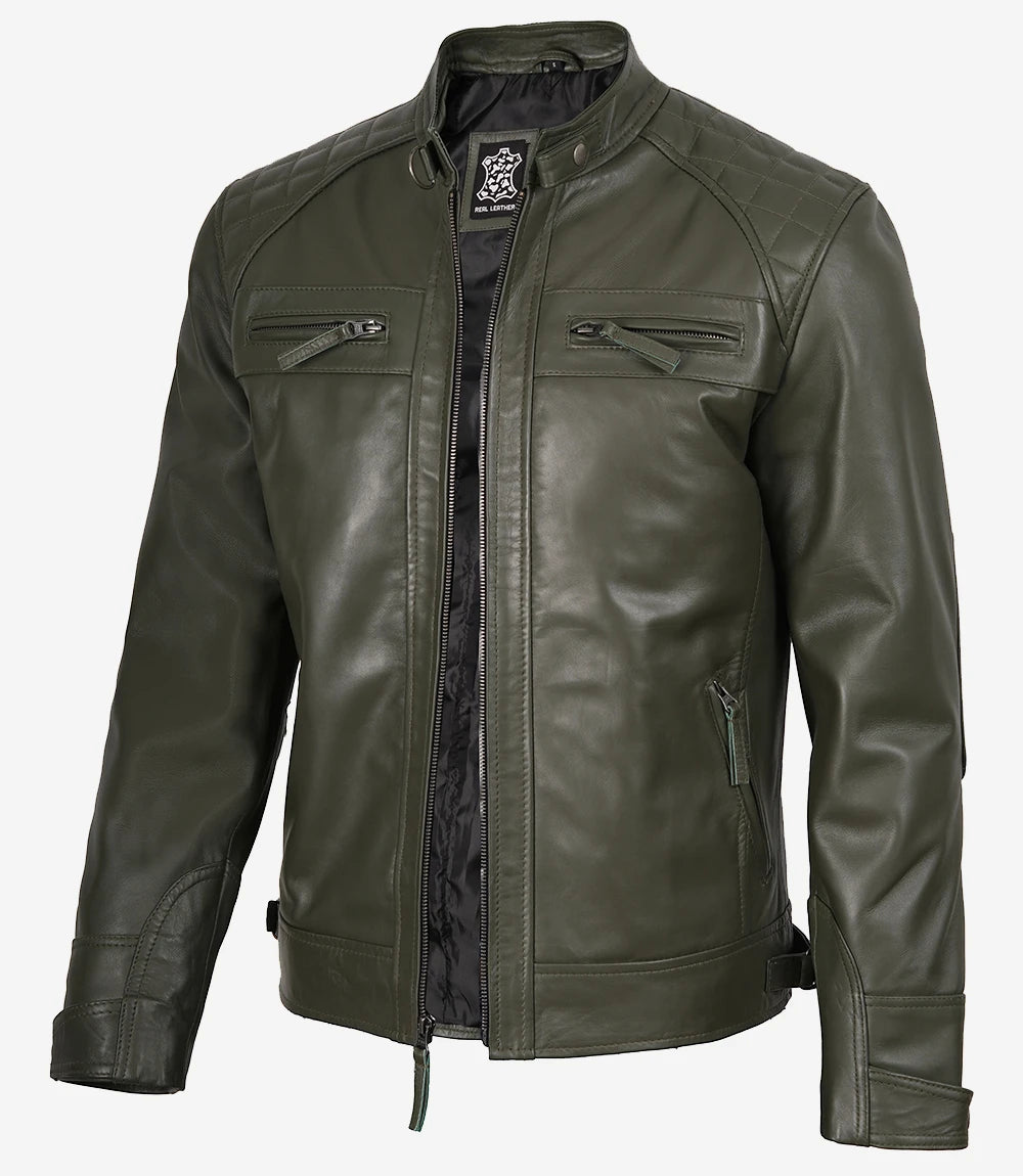 Men's Olive Green Real Leather Cafe Racer Jacket