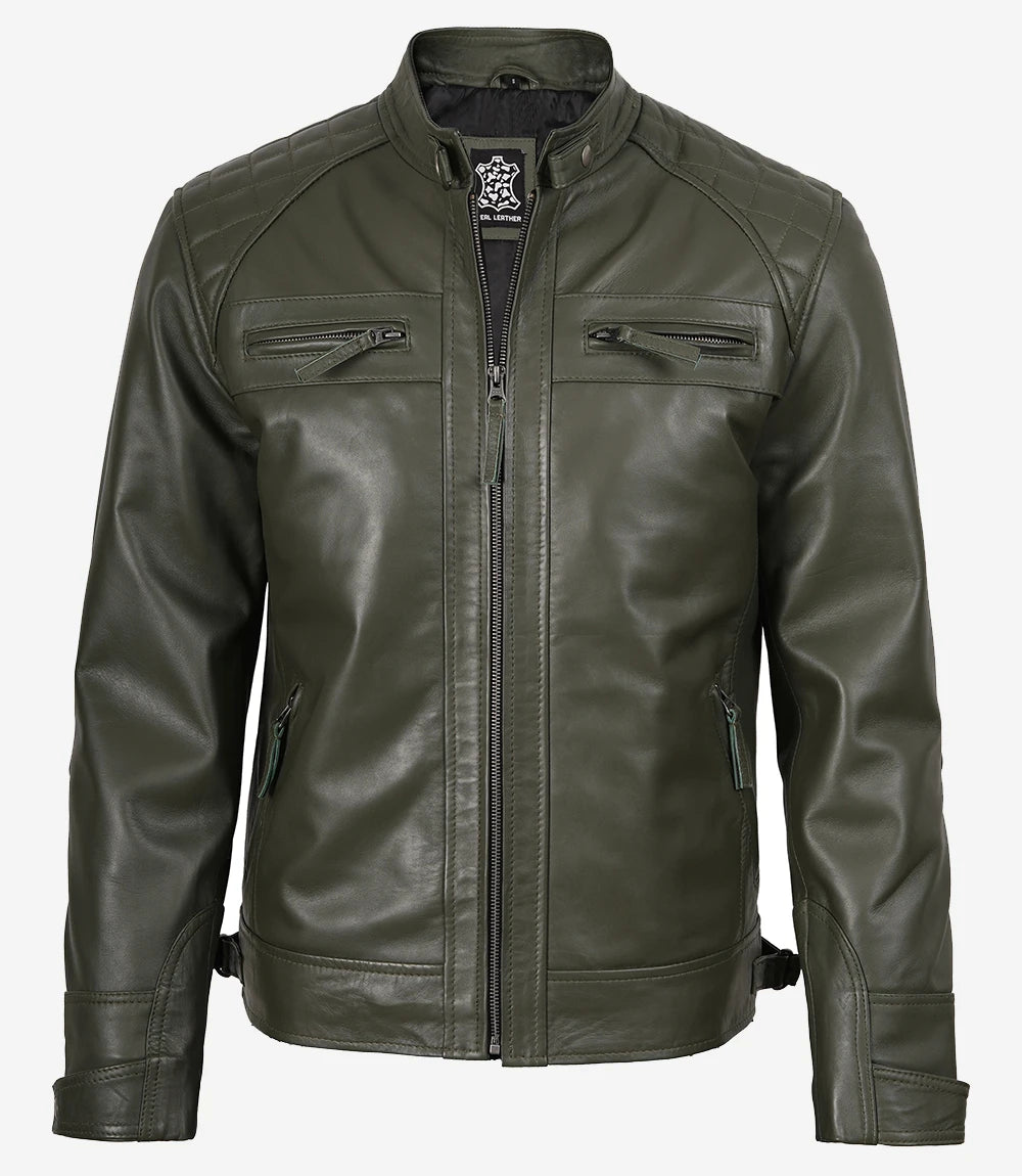 Men's Olive Green Real Leather Cafe Racer Jacket