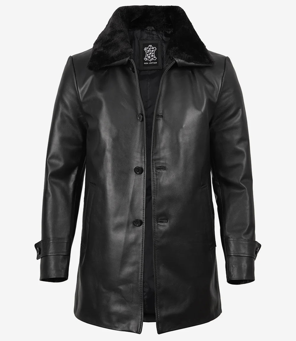 Men's Black Cowhide Leather Coat With Shearling Collar - Winter Style