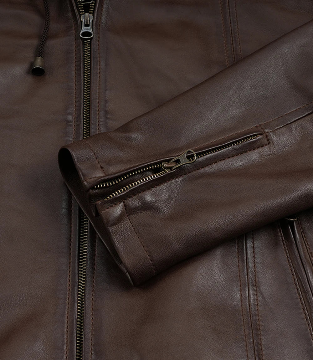 Men's Dark Brown Lambskin Leather Jacket with Removable Hood