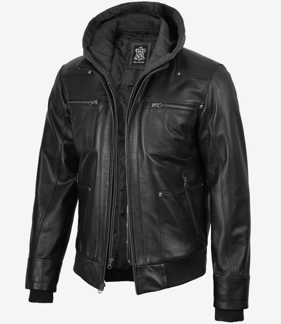 Men's Black Real Leather Jacket With Removable Hood