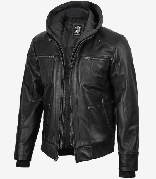 Men's Black Real Leather Jacket With Removable Hood