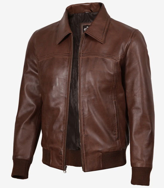 Men's Cognac Brown Wax Leather Bomber Jacket