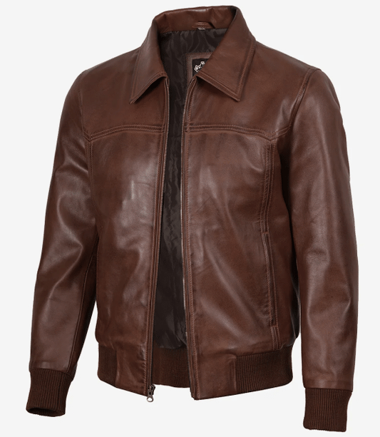Men's Cognac Brown Wax Leather Bomber Jacket