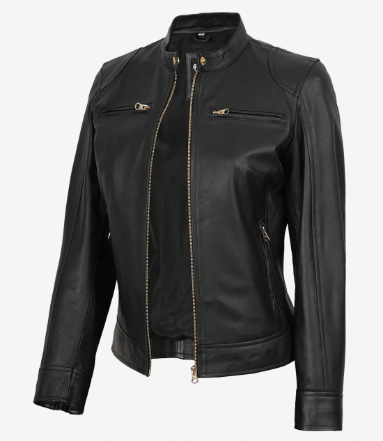 Women’s Black Biker Leather Jacket with Golden Accents