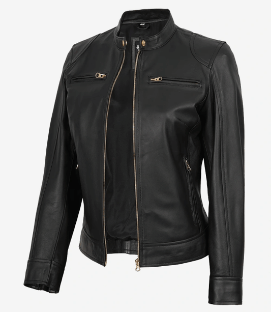Women’s Black Biker Leather Jacket with Golden Accents