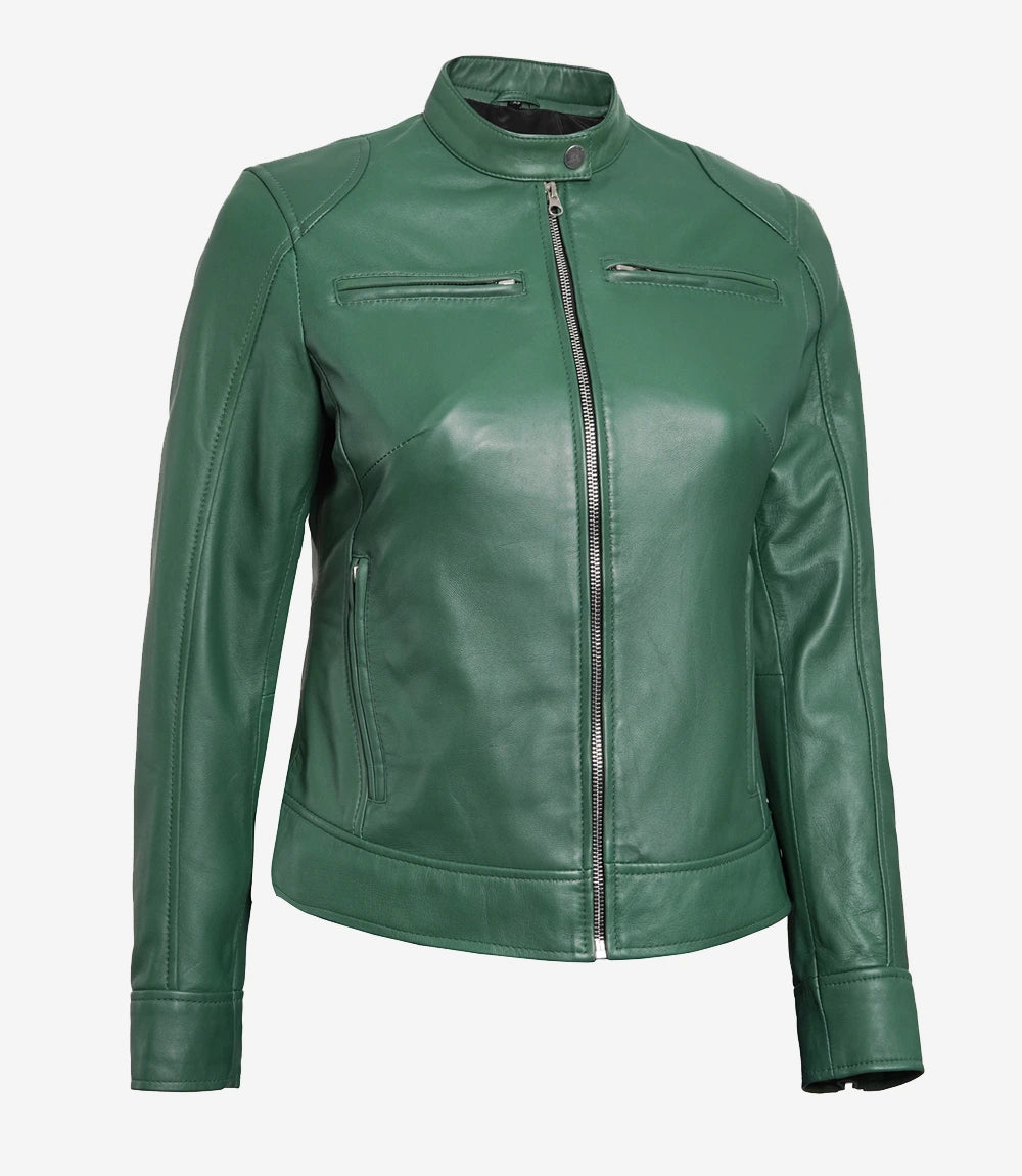 Women Green Cafe Racer Leather Jacket
