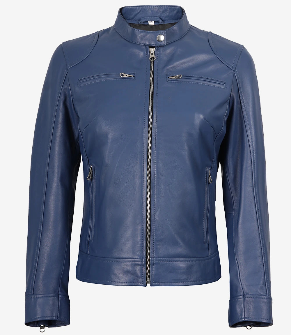 Women's Blue Cafe Racer Leather Jacket