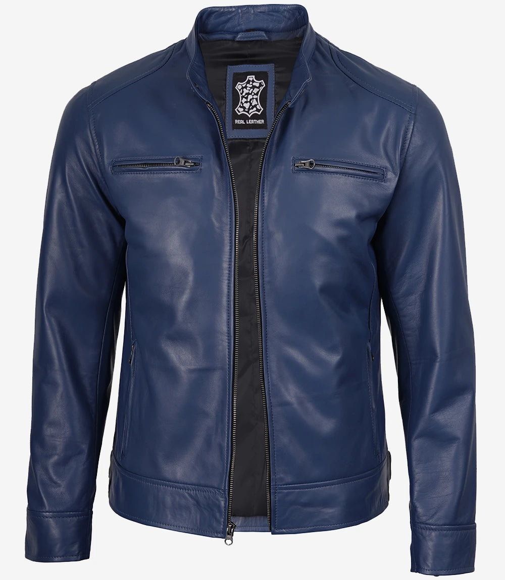 Men's Dodge Blue Cafe Racer Leather Jacket