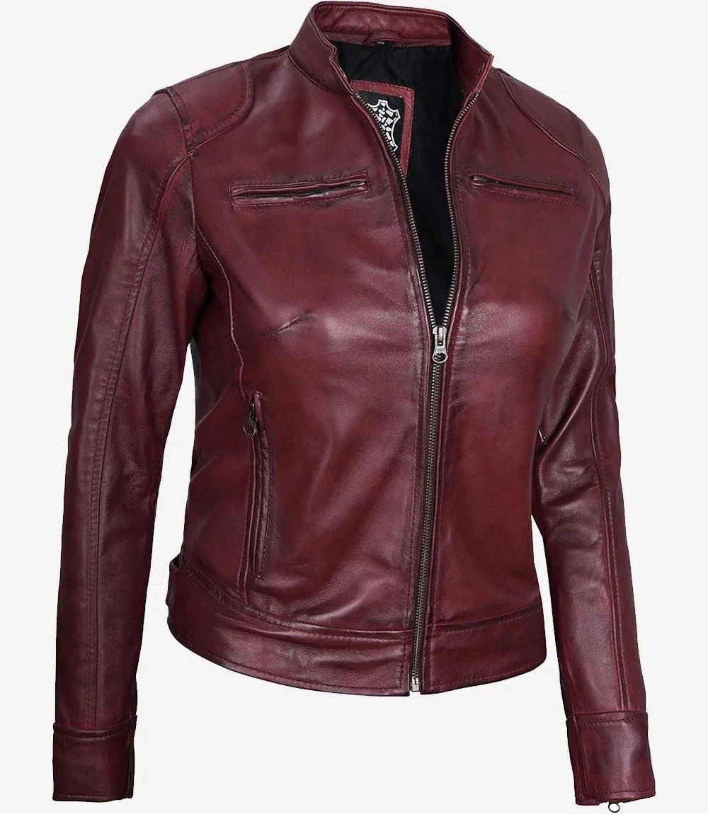 Women's Burgundy Cafe Racer Leather Jacket