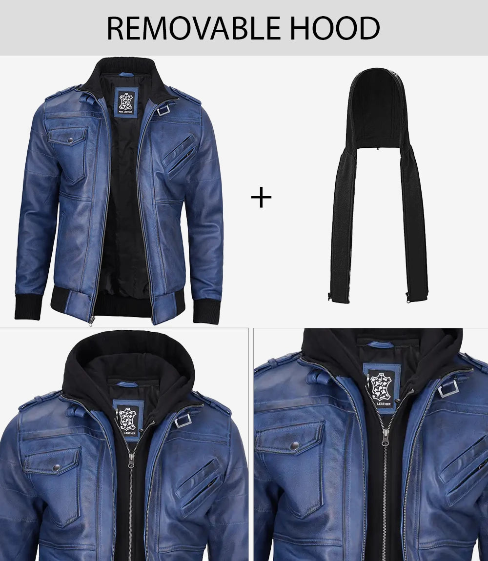 Men's Blue Leather Bomber Jacket with Removable Hood