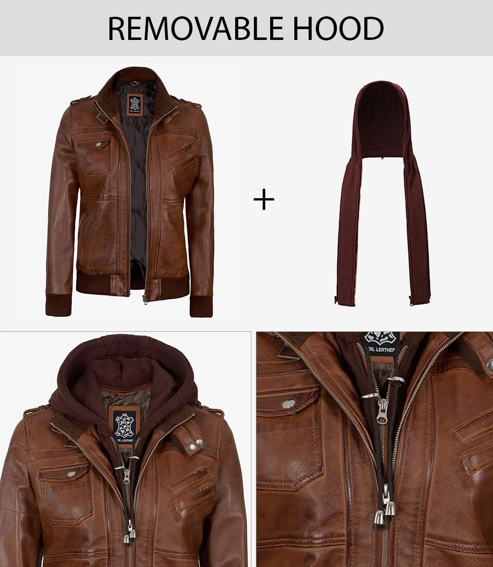Women's Bomber Cognac Brown Leather Jacket with Removable Hood