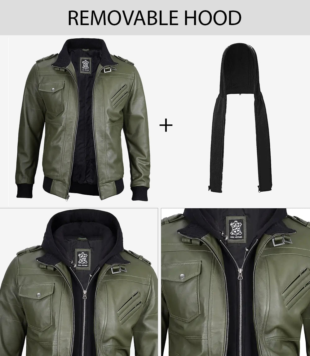 Men's Military Green Waxed Leather Jacket with Removable Hood