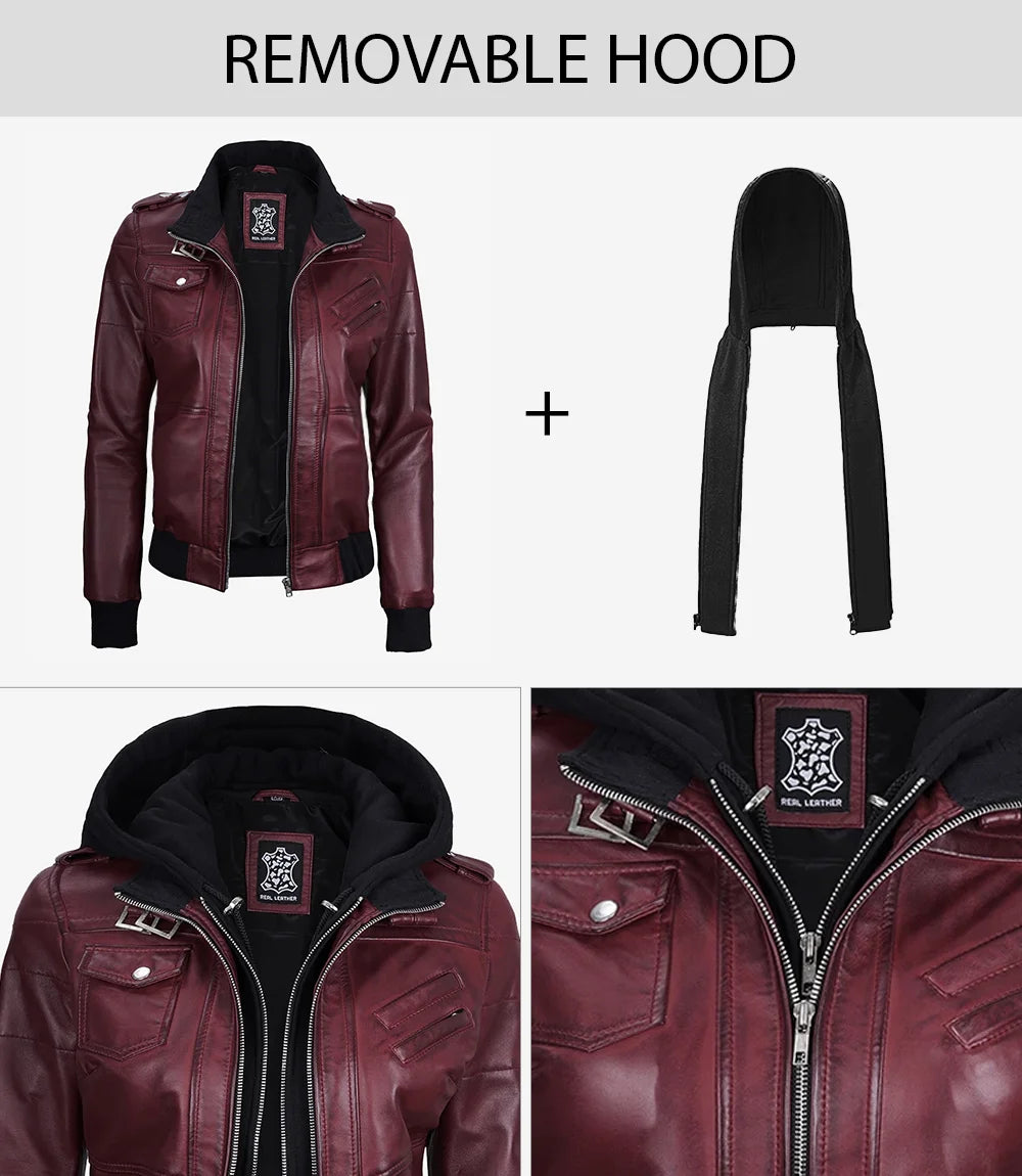 Women's Burgundy Bomber Leather Jacket with Removable Hood