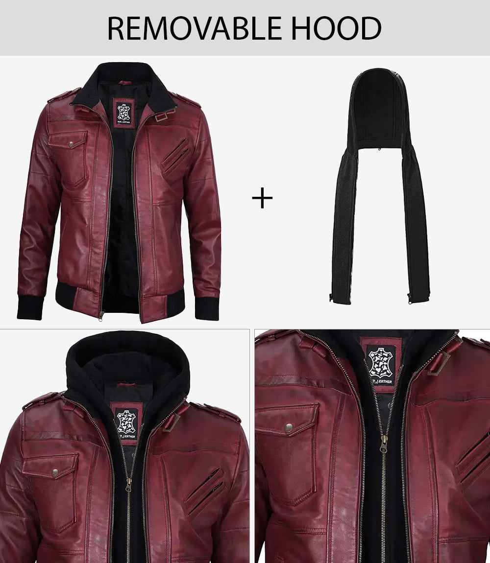 Men's Burgundy Bomber Leather Jacket with Removable Hood