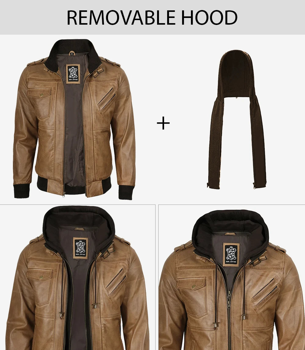 Men's Camel Brown Leather Jacket with Removable Hood