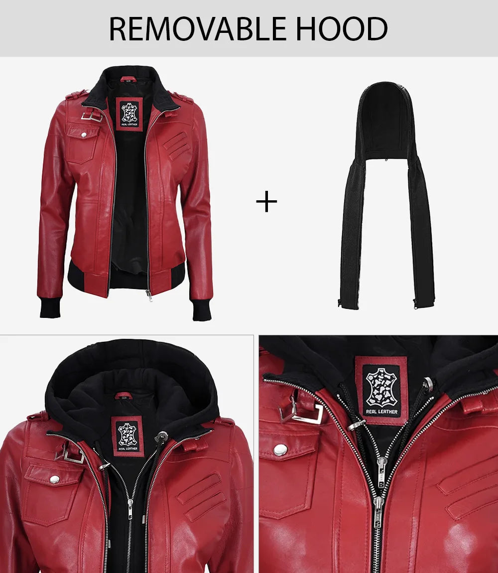 Women's Red Leather Jacket with Removable Hood