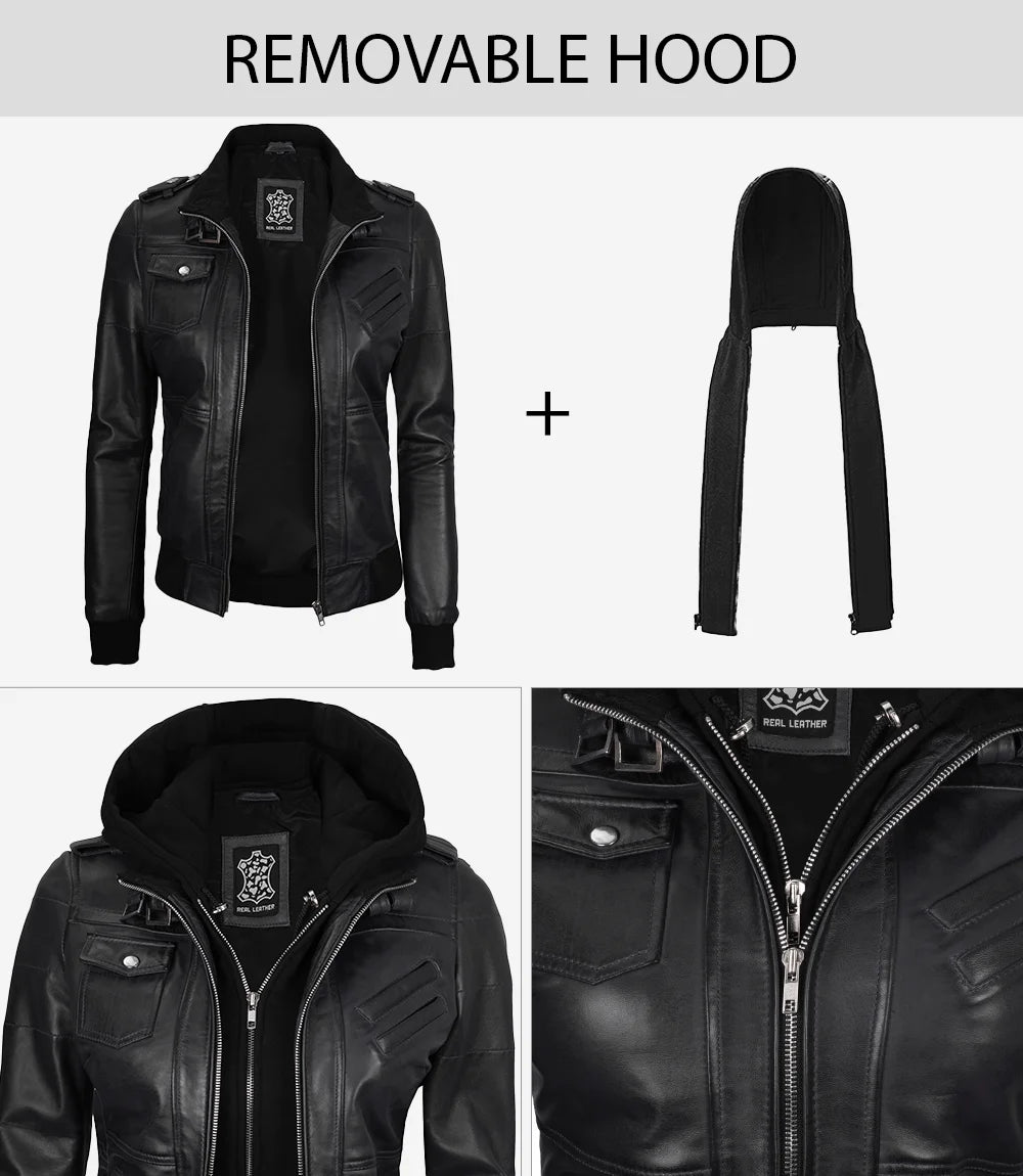 Women's Bomber Black Leather Jacket with Removable Hood