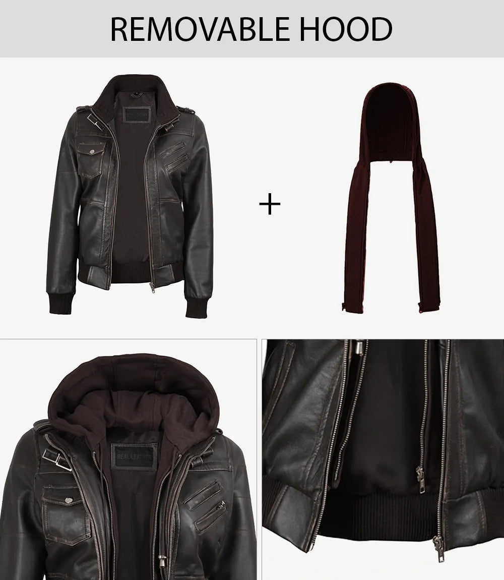 Women's Dark Brown Rub Off Leather Jacket with Removable Hood