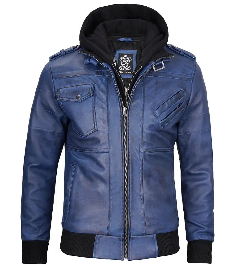 Men's Blue Leather Bomber Jacket with Removable Hood