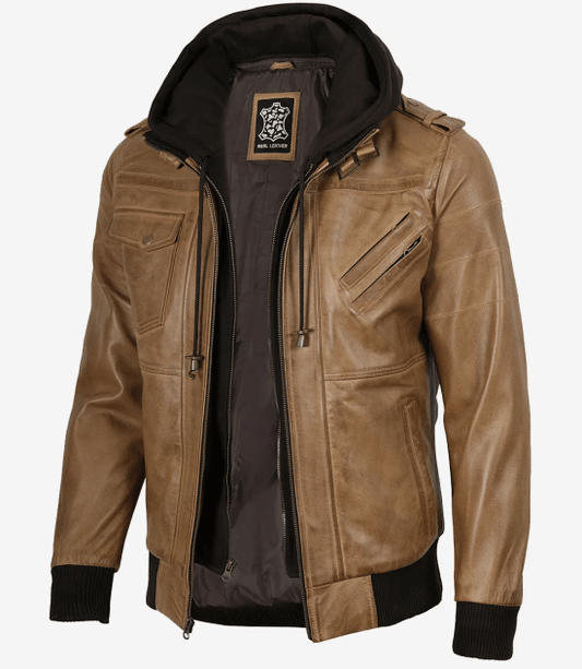 Men's Camel Brown Leather Jacket with Removable Hood