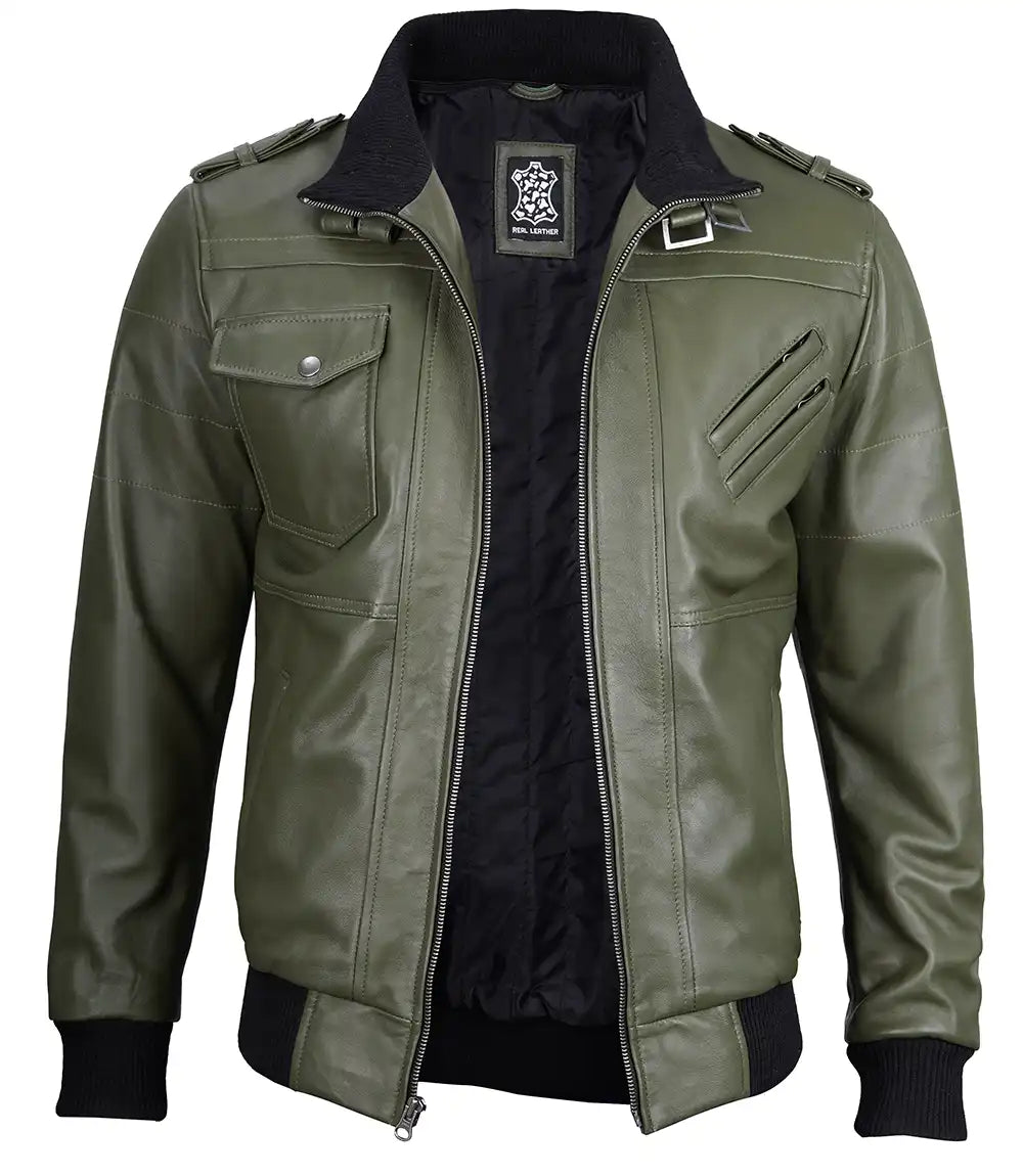 Men's Military Green Waxed Leather Jacket with Removable Hood