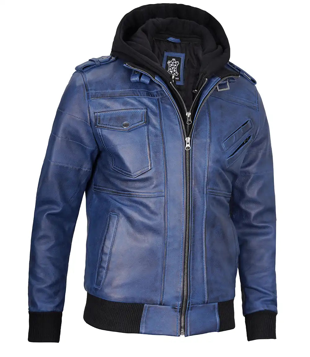 Men's Blue Leather Bomber Jacket with Removable Hood