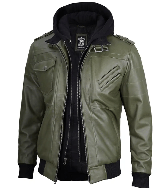 Men's Military Green Waxed Leather Jacket with Removable Hood