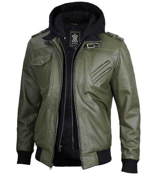 Men's Military Green Waxed Leather Jacket with Removable Hood