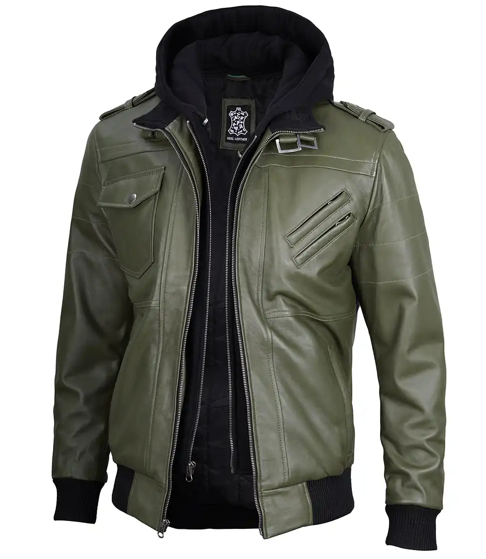 Men's Military Green Waxed Leather Jacket with Removable Hood