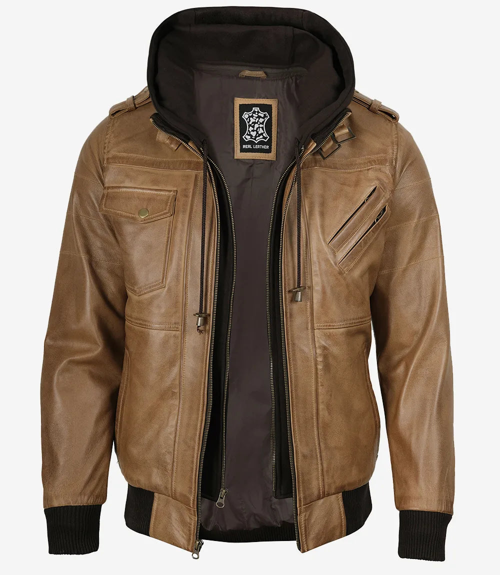 Men's Camel Brown Leather Jacket with Removable Hood