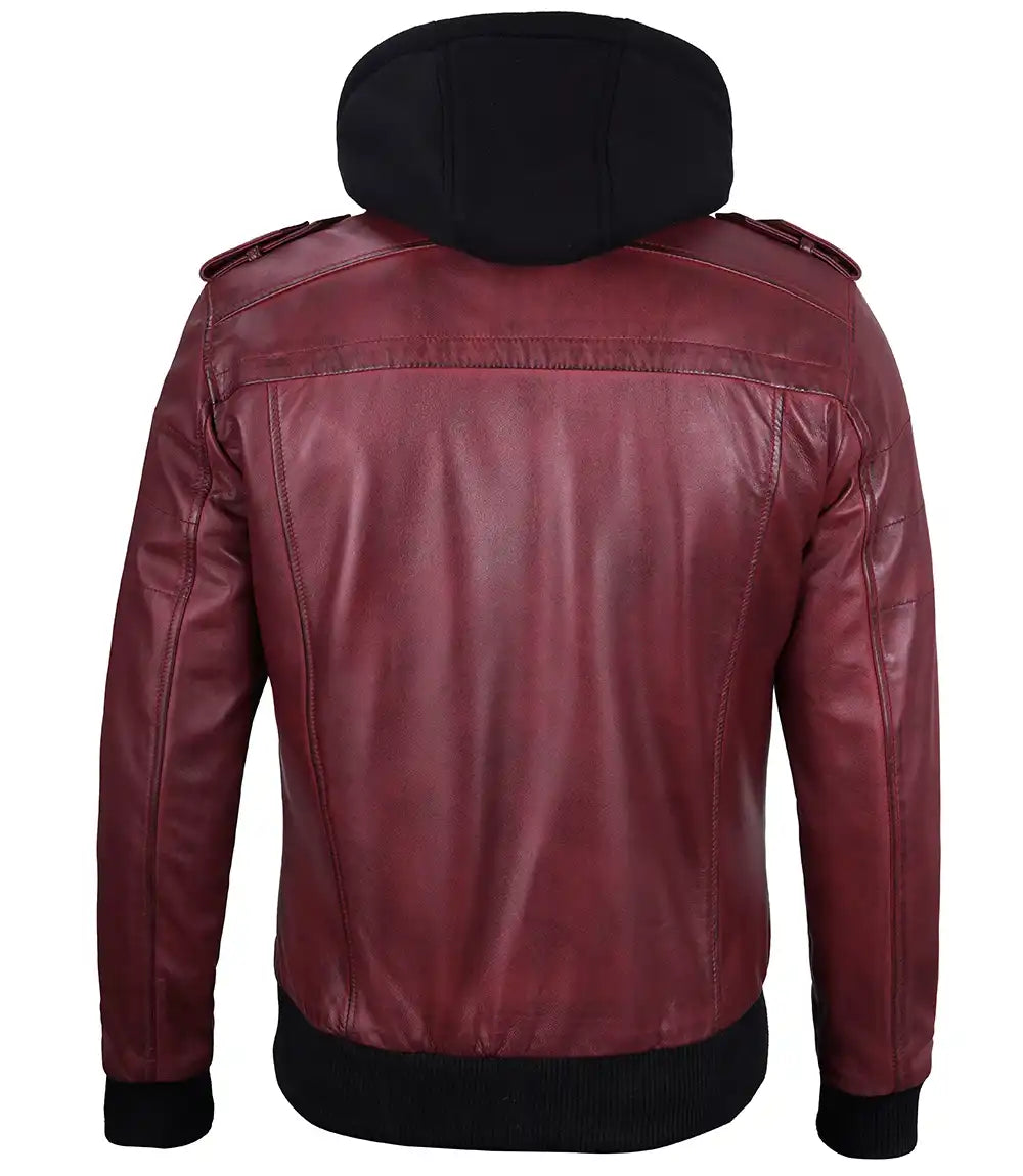 Men's Burgundy Bomber Leather Jacket with Removable Hood