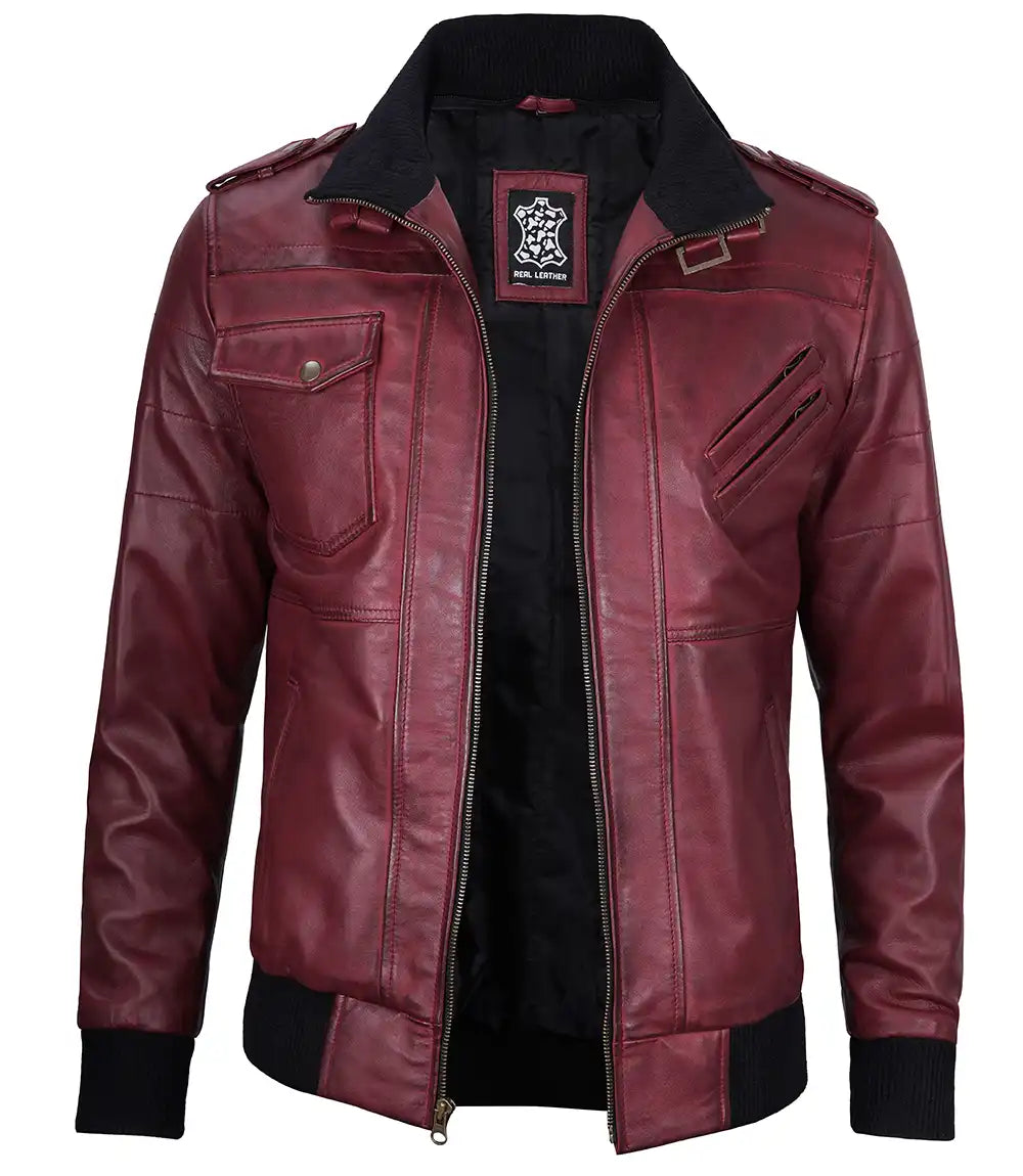 Men's Burgundy Bomber Leather Jacket with Removable Hood