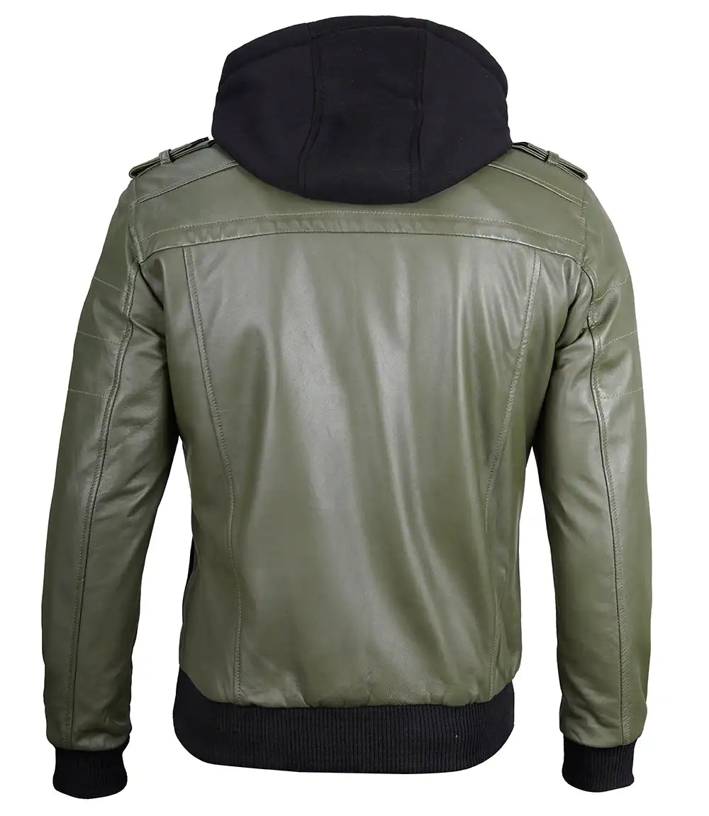 Men's Military Green Waxed Leather Jacket with Removable Hood