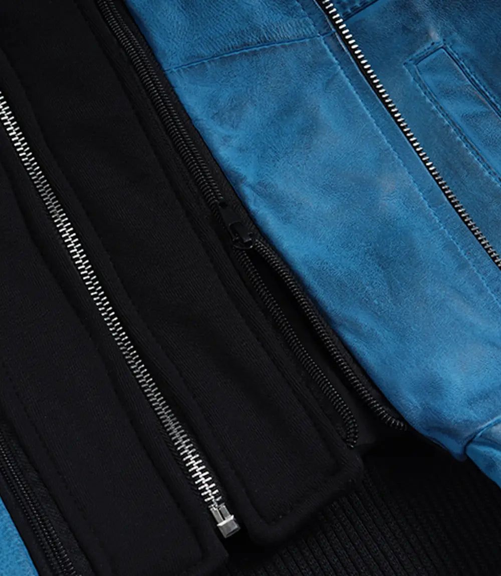 Women's Bomber Blue Wax Leather Jacket with Removable Hood