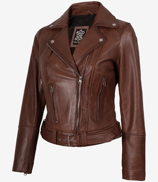 Women's Cognac Brown Leather Biker Jacket