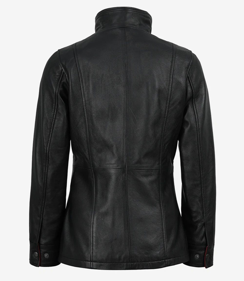 Women's Black Leather Jacket with Red Inner Lapel