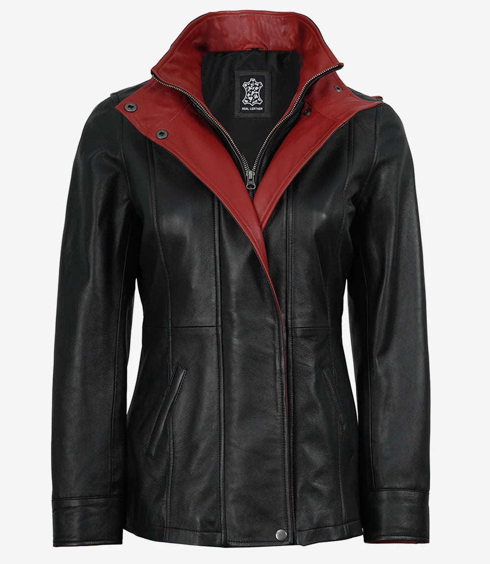Women's Black Leather Jacket with Red Inner Lapel