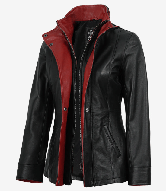 Women's Black Leather Jacket with Red Inner Lapel