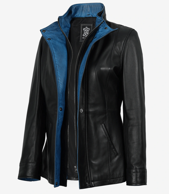 Women's Black Leather Jacket with Blue Inner Lapel