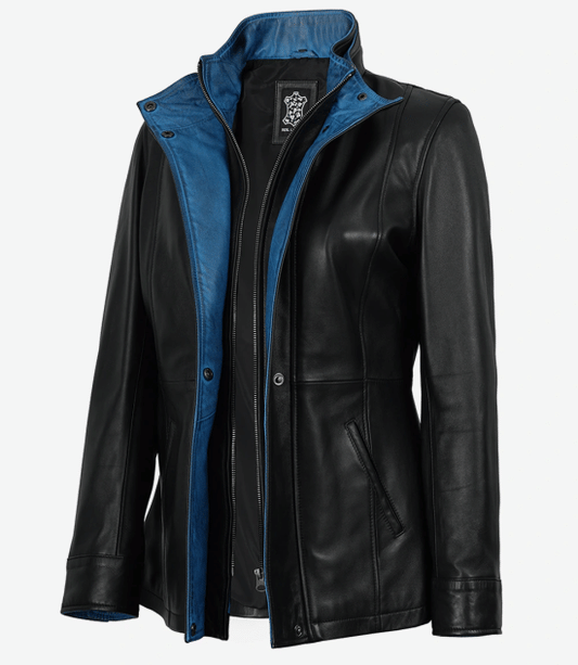 Women's Black Leather Jacket with Blue Inner Lapel