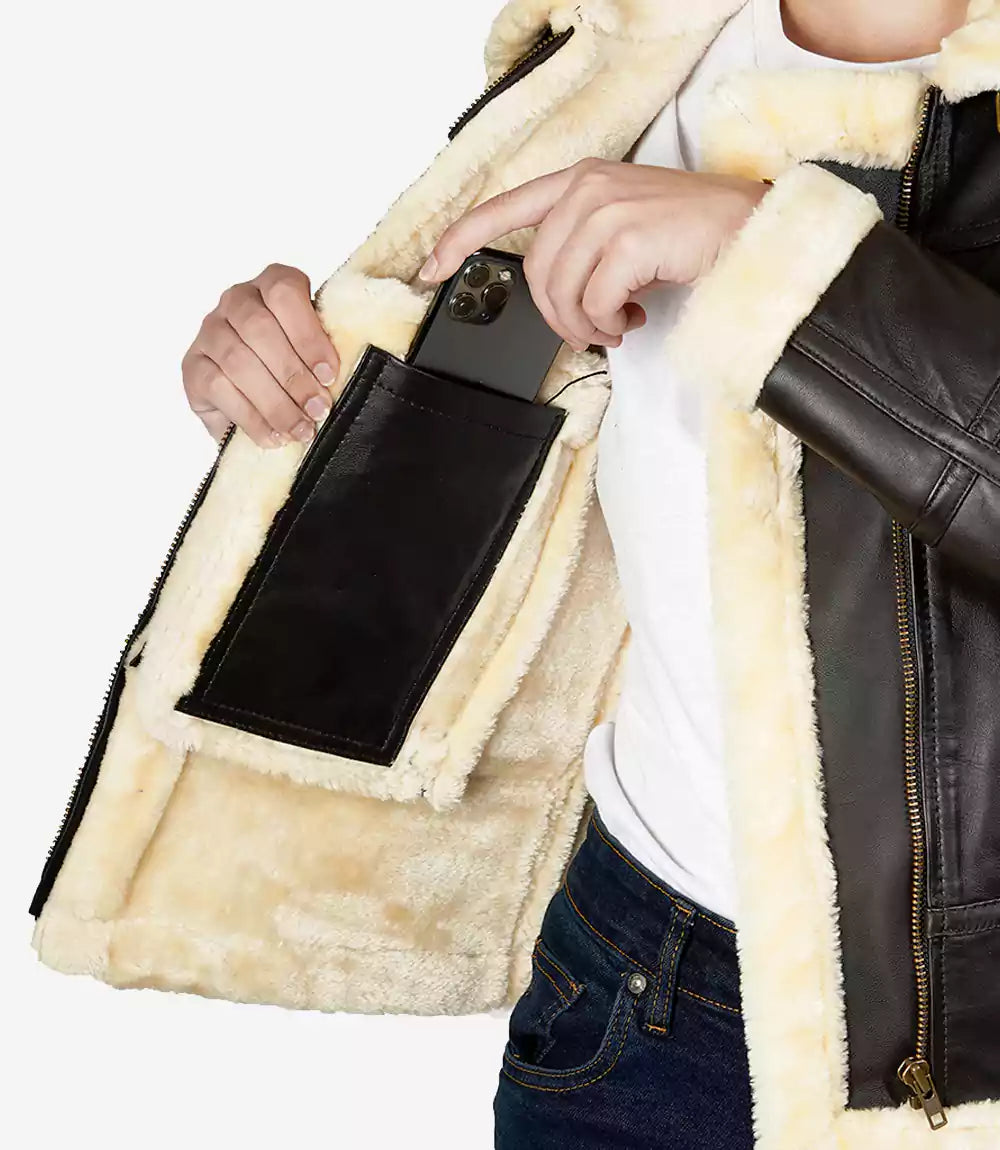 Women's Dark Brown Leather Bomber Jacket with Beige Faux Shearling.